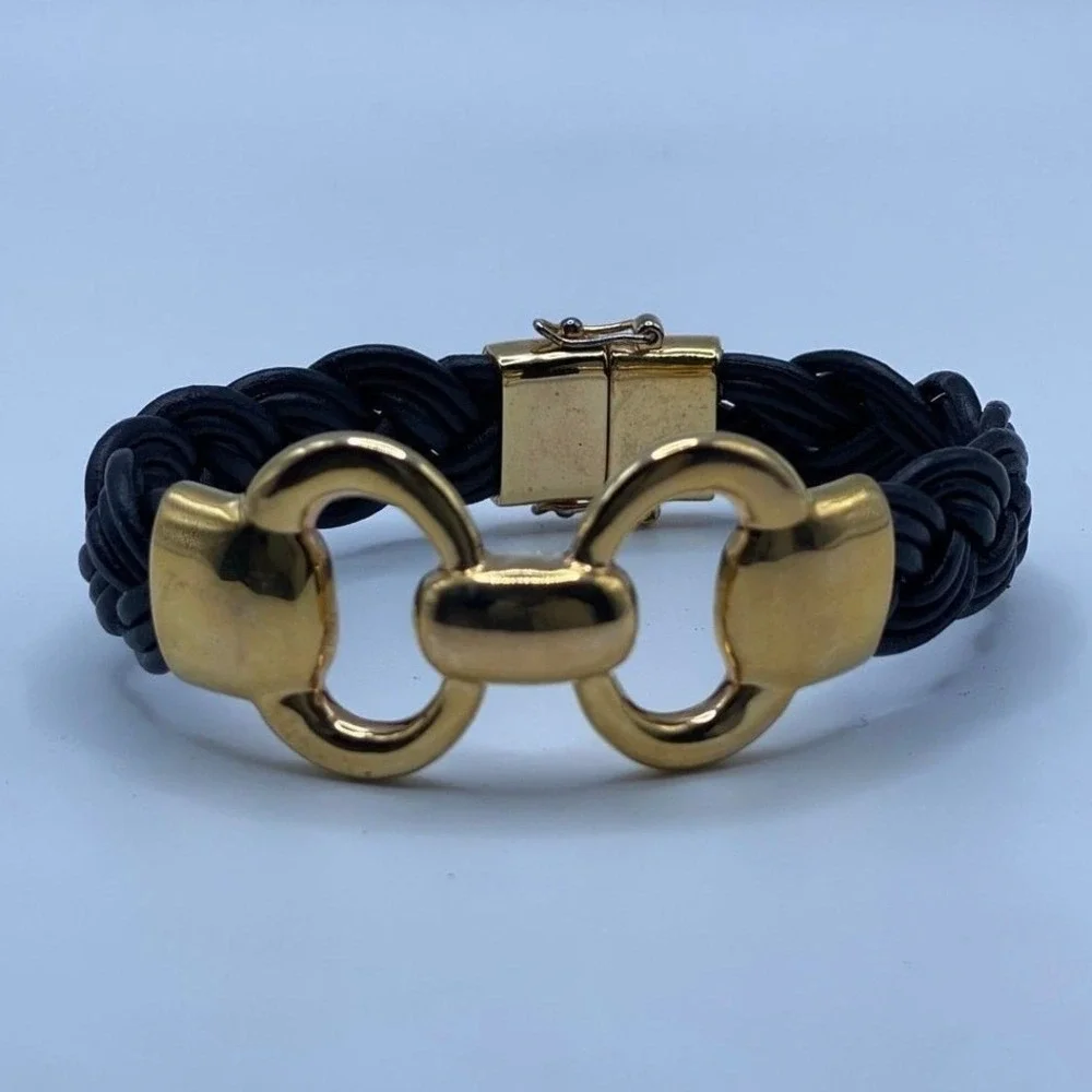 Milor Italy Equestrian Black Braided Leather Horsebit Bracelet Gold Tone - 7.25